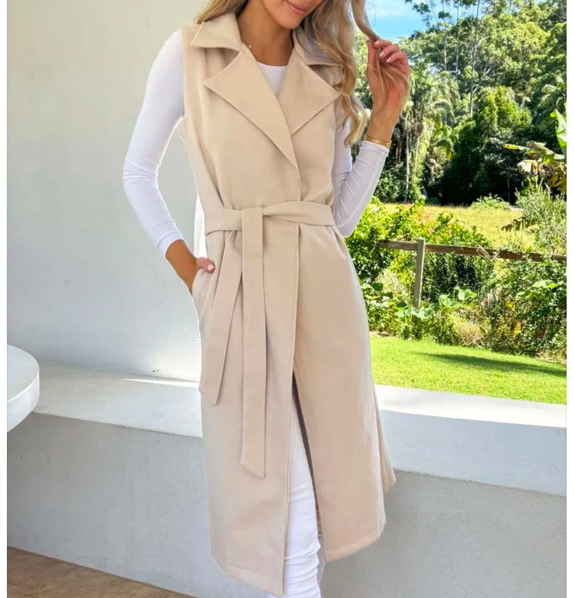 Beige long vest with tie waist full profile