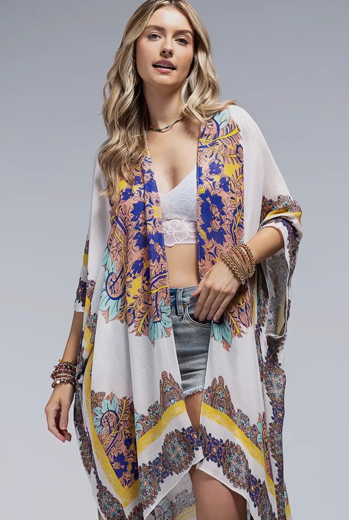 Boho beach kimono – Paige Kimono styled with denim shorts and lace bralette