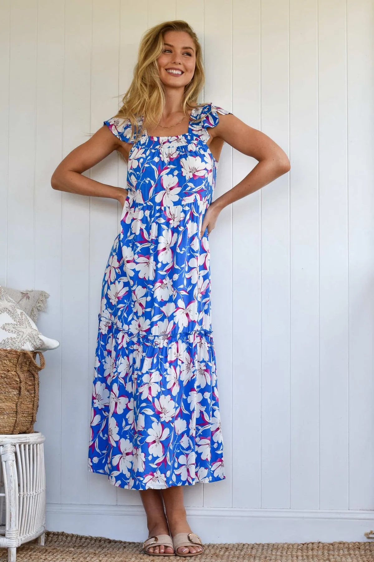 The Lucy Dress Women's blue floral print midi dress