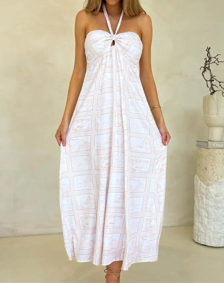 The Macie Halter Midi Dress – white boho sundress