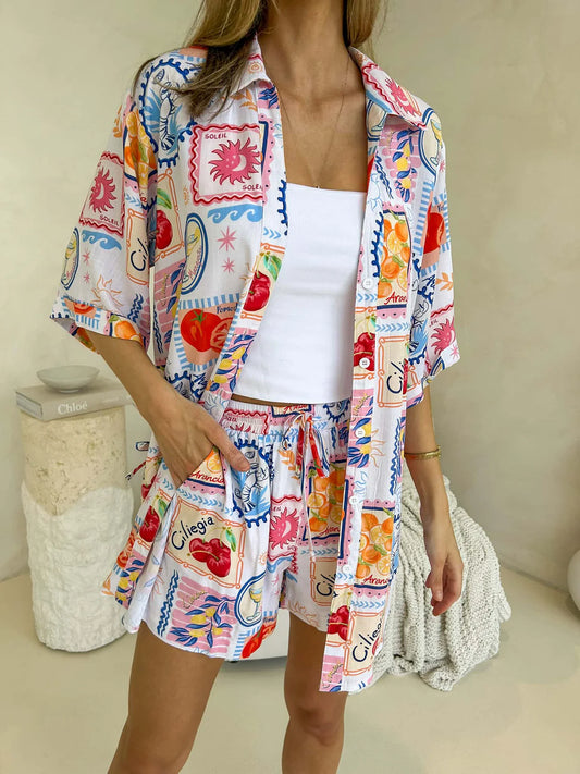 Women's printed co-ord set with elastic waist shorts and short sleeve shirt - Monroe Avenue summer outfit