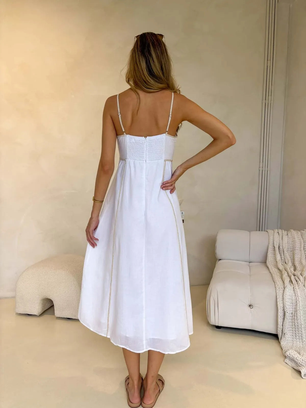 Back view of white midi dress with shirred panel and adjustable straps – Juniper Dress at Monroe Avenue, perfect for warm weather