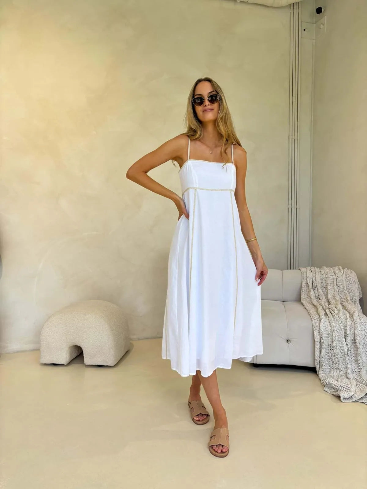 White summer midi dress with spaghetti straps and relaxed fit, featuring subtle gold stitching – Monroe Avenue Juniper Dress