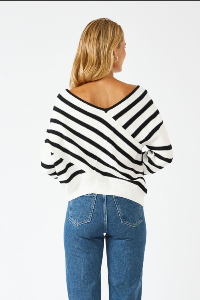 Back view of off-shoulder black and white striped knit sweater for women, featuring relaxed fit and V-back design – perfect cosy winter outfit