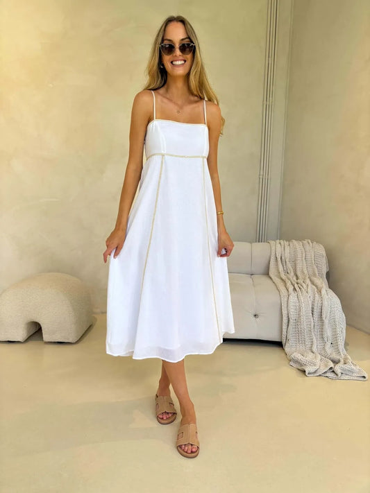 Model wearing white midi sundress with thin straps and contrast stitching, styled with sunglasses and sandals – Juniper Dress | Monroe Avenue